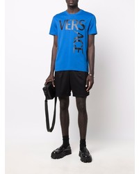 blaues bedrucktes T-Shirt mit einem Rundhalsausschnitt von Versace