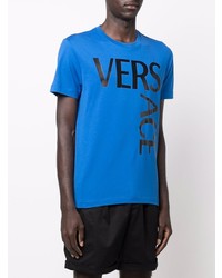 blaues bedrucktes T-Shirt mit einem Rundhalsausschnitt von Versace