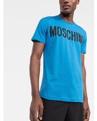 blaues bedrucktes T-Shirt mit einem Rundhalsausschnitt von Moschino