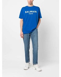 blaues bedrucktes T-Shirt mit einem Rundhalsausschnitt von Balmain