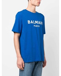 blaues bedrucktes T-Shirt mit einem Rundhalsausschnitt von Balmain