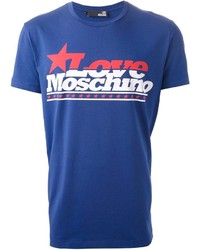 blaues bedrucktes T-Shirt mit einem Rundhalsausschnitt von Love Moschino