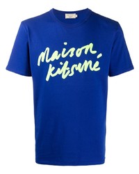 blaues bedrucktes T-Shirt mit einem Rundhalsausschnitt von MAISON KITSUNÉ
