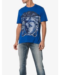 blaues bedrucktes T-Shirt mit einem Rundhalsausschnitt von Versace