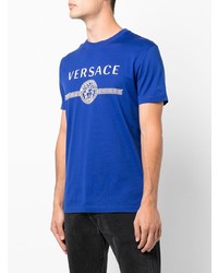 blaues bedrucktes T-Shirt mit einem Rundhalsausschnitt von Versace