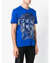 blaues bedrucktes T-Shirt mit einem Rundhalsausschnitt von Versace