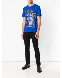 blaues bedrucktes T-Shirt mit einem Rundhalsausschnitt von Versace