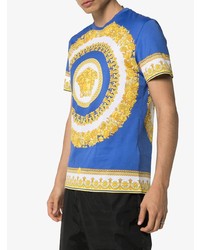 blaues bedrucktes T-Shirt mit einem Rundhalsausschnitt von Versace