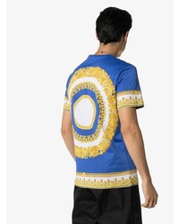 blaues bedrucktes T-Shirt mit einem Rundhalsausschnitt von Versace