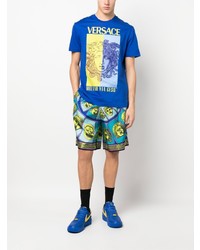 blaues bedrucktes T-Shirt mit einem Rundhalsausschnitt von Versace