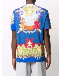 blaues bedrucktes T-Shirt mit einem Rundhalsausschnitt von Versace