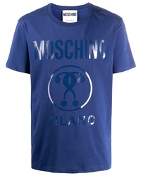 blaues bedrucktes T-Shirt mit einem Rundhalsausschnitt von Moschino