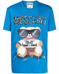 blaues bedrucktes T-Shirt mit einem Rundhalsausschnitt von Moschino