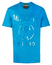 blaues bedrucktes T-Shirt mit einem Rundhalsausschnitt von Moschino