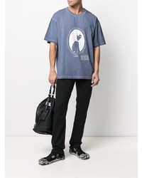 blaues bedrucktes T-Shirt mit einem Rundhalsausschnitt von Maison Margiela