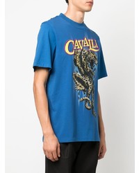 blaues bedrucktes T-Shirt mit einem Rundhalsausschnitt von Roberto Cavalli