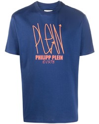blaues bedrucktes T-Shirt mit einem Rundhalsausschnitt von Philipp Plein