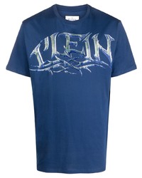 blaues bedrucktes T-Shirt mit einem Rundhalsausschnitt von Philipp Plein