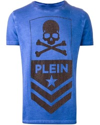 blaues bedrucktes T-Shirt mit einem Rundhalsausschnitt von Philipp Plein