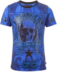 blaues bedrucktes T-Shirt mit einem Rundhalsausschnitt von Philipp Plein