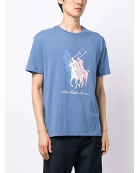 blaues bedrucktes T-Shirt mit einem Rundhalsausschnitt von Polo Ralph Lauren