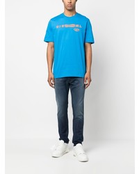 blaues bedrucktes T-Shirt mit einem Rundhalsausschnitt von Diesel