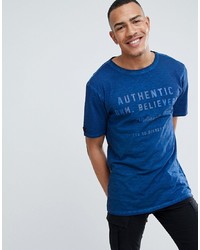 blaues bedrucktes T-Shirt mit einem Rundhalsausschnitt von replika