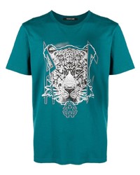 blaues bedrucktes T-Shirt mit einem Rundhalsausschnitt von Roberto Cavalli