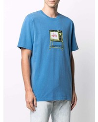 blaues bedrucktes T-Shirt mit einem Rundhalsausschnitt von Stussy