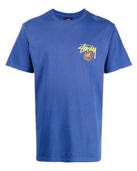 blaues bedrucktes T-Shirt mit einem Rundhalsausschnitt von Stussy