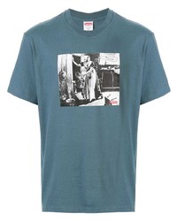 blaues bedrucktes T-Shirt mit einem Rundhalsausschnitt von Supreme