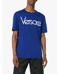 blaues bedrucktes T-Shirt mit einem Rundhalsausschnitt von Versace