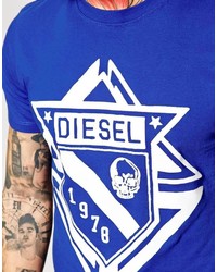 blaues bedrucktes T-Shirt mit einem Rundhalsausschnitt von Diesel