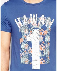 blaues bedrucktes T-Shirt mit einem Rundhalsausschnitt von Boss Orange
