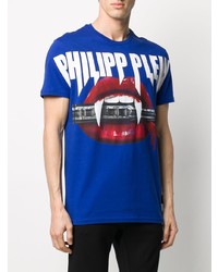 blaues bedrucktes T-Shirt mit einem Rundhalsausschnitt von Philipp Plein