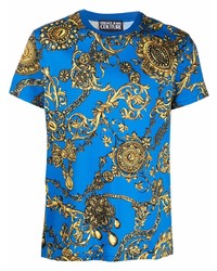 blaues bedrucktes T-Shirt mit einem Rundhalsausschnitt von VERSACE JEANS COUTURE