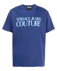 blaues bedrucktes T-Shirt mit einem Rundhalsausschnitt von VERSACE JEANS COUTURE