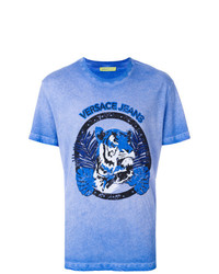 blaues bedrucktes T-Shirt mit einem Rundhalsausschnitt von Versace Jeans