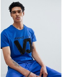 blaues bedrucktes T-Shirt mit einem Rundhalsausschnitt von Versace Jeans