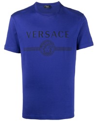 blaues bedrucktes T-Shirt mit einem Rundhalsausschnitt von Versace