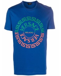 blaues bedrucktes T-Shirt mit einem Rundhalsausschnitt von Versace