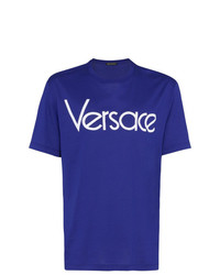 blaues bedrucktes T-Shirt mit einem Rundhalsausschnitt von Versace