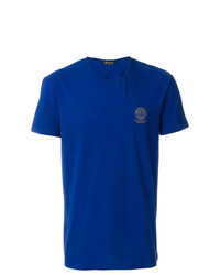 blaues bedrucktes T-Shirt mit einem Rundhalsausschnitt von Versace