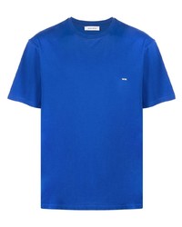 blaues bedrucktes T-Shirt mit einem Rundhalsausschnitt von Wood Wood