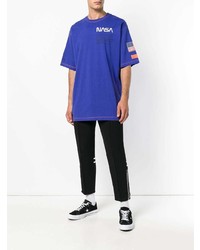 blaues bedrucktes T-Shirt mit einem Rundhalsausschnitt von Heron Preston