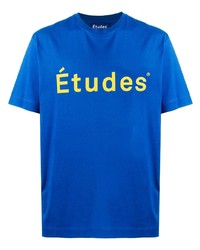 blaues bedrucktes T-Shirt mit einem Rundhalsausschnitt von Études
