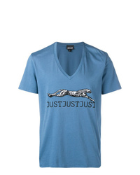 blaues bedrucktes T-Shirt mit einem V-Ausschnitt von Just Cavalli