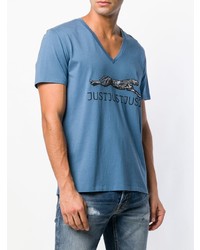 blaues bedrucktes T-Shirt mit einem V-Ausschnitt von Just Cavalli