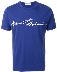 blaues bedrucktes T-shirt von Pierre Balmain