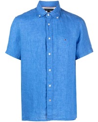 blaues besticktes Leinen Kurzarmhemd von Tommy Hilfiger